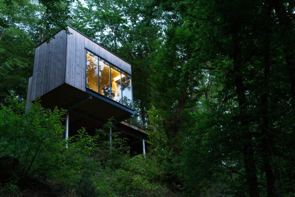 een boomhut met een groot raam in het bos bij Les Cabanes de Salagnac in Meyrignac-lʼÉglise