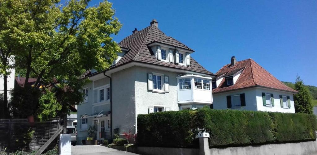 a large white house with a brown roof at Fewo Grenzach in Grenzach-Wyhlen