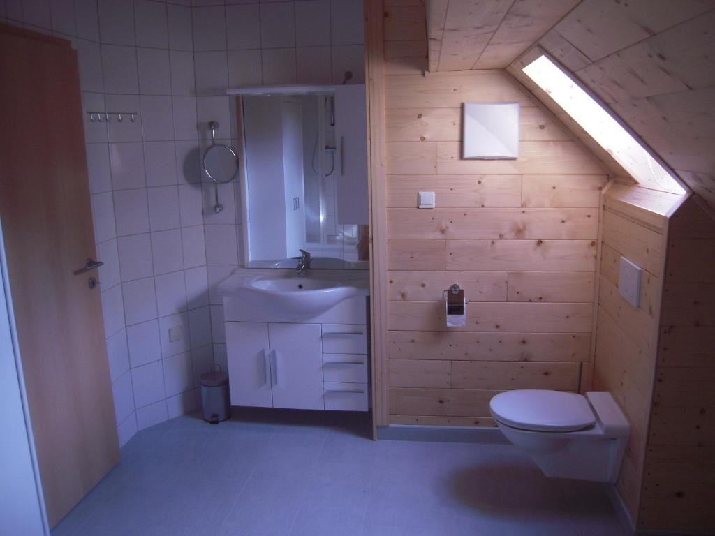 ein Badezimmer mit einem weißen WC und einem Waschbecken in der Unterkunft Haflingerhof Luef in Bad Schönau