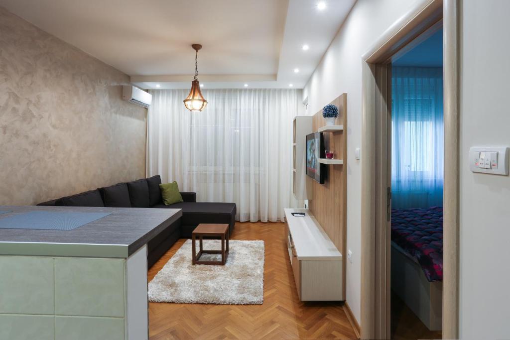 una cucina e un soggiorno con divano e tavolo di Apartment Promenada a Novi Sad