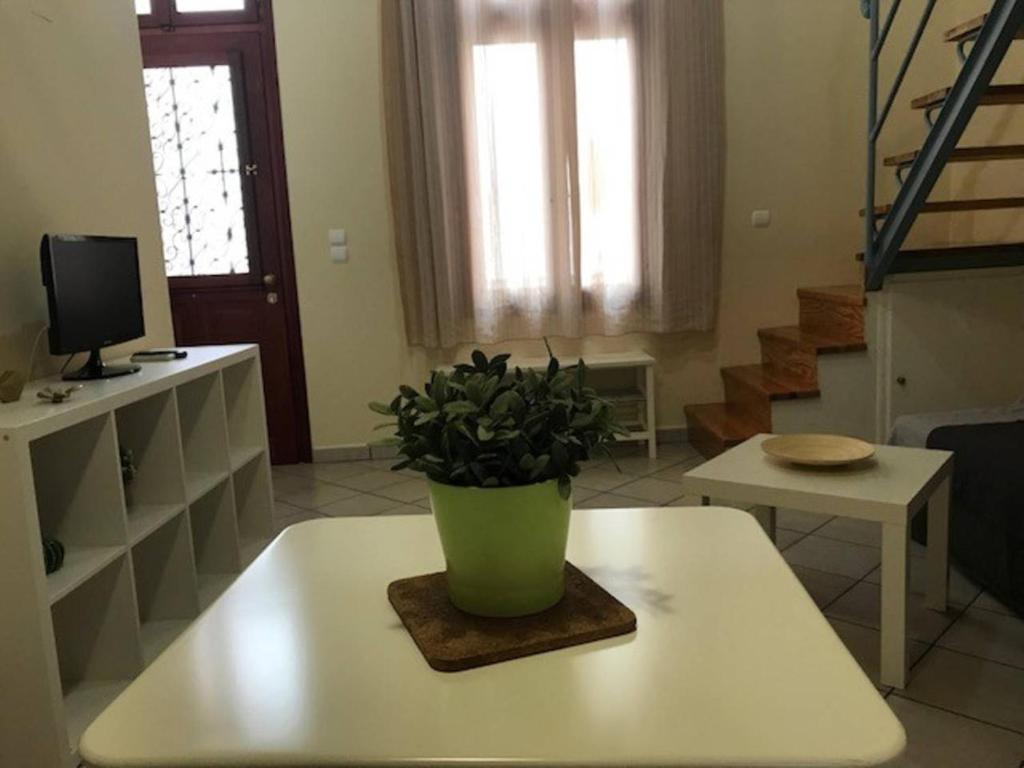 エルムポリにあるErmoupoli, Syros City Apartmentsのリビングルーム(テーブルに緑の花瓶付)
