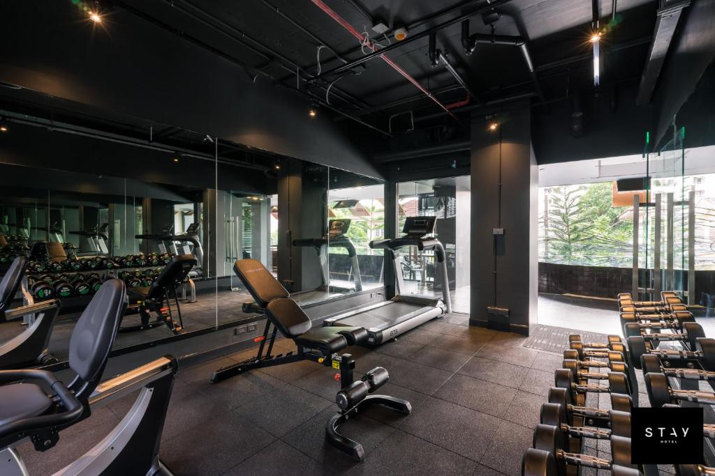 A mirrored gym includes treadmills, benches, dumbbells, and a bright windowed end.