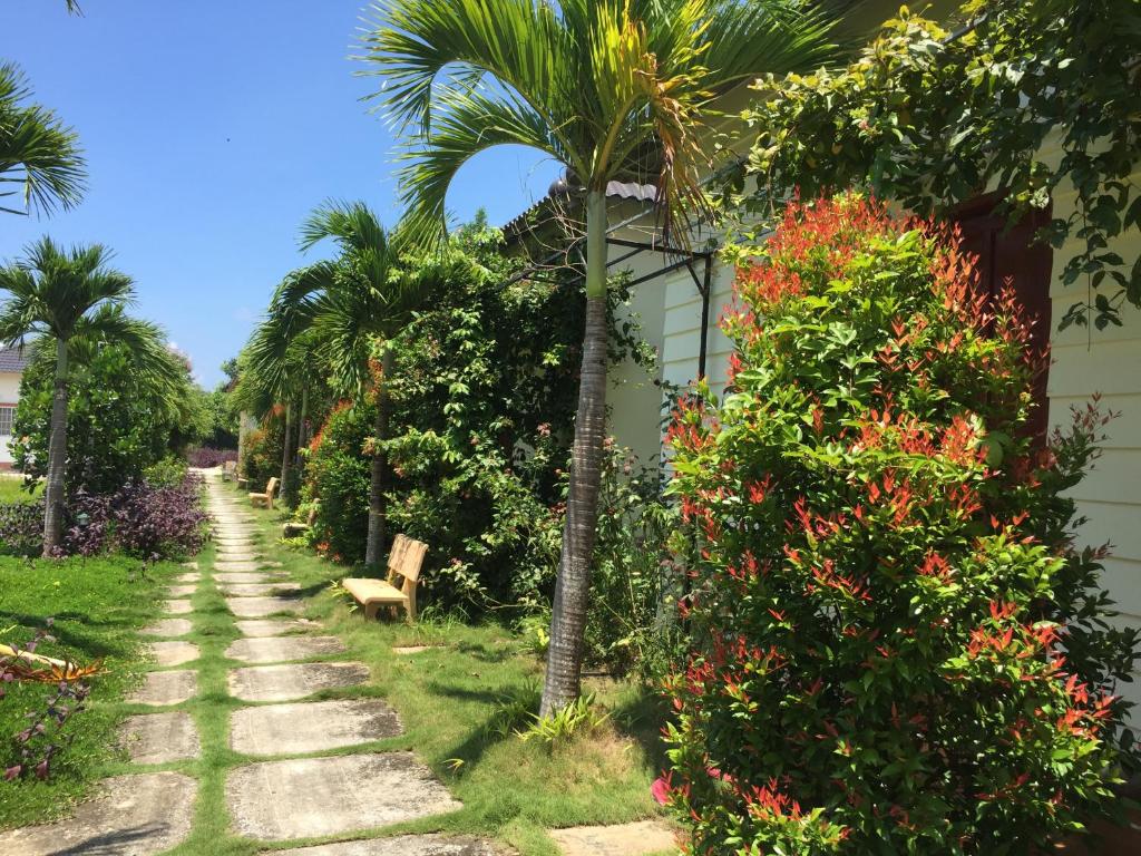 a palm tree and a bench in a garden at Tina Bungalow in Phu Quoc