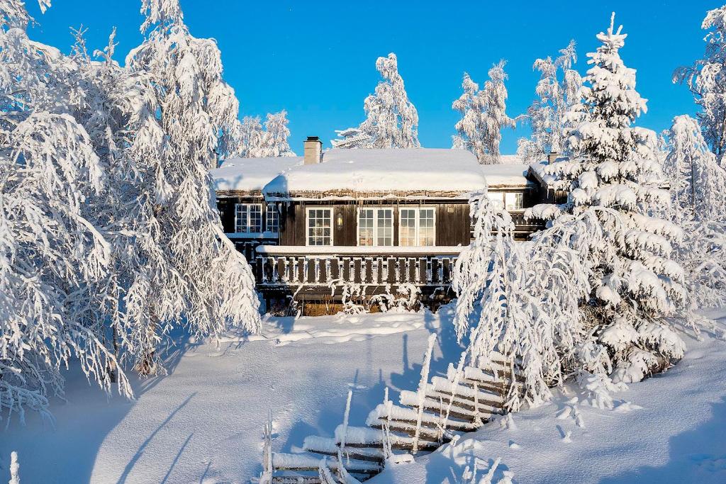 a house covered in snow with snow covered trees at Bitigrenda N in Beitostøl
