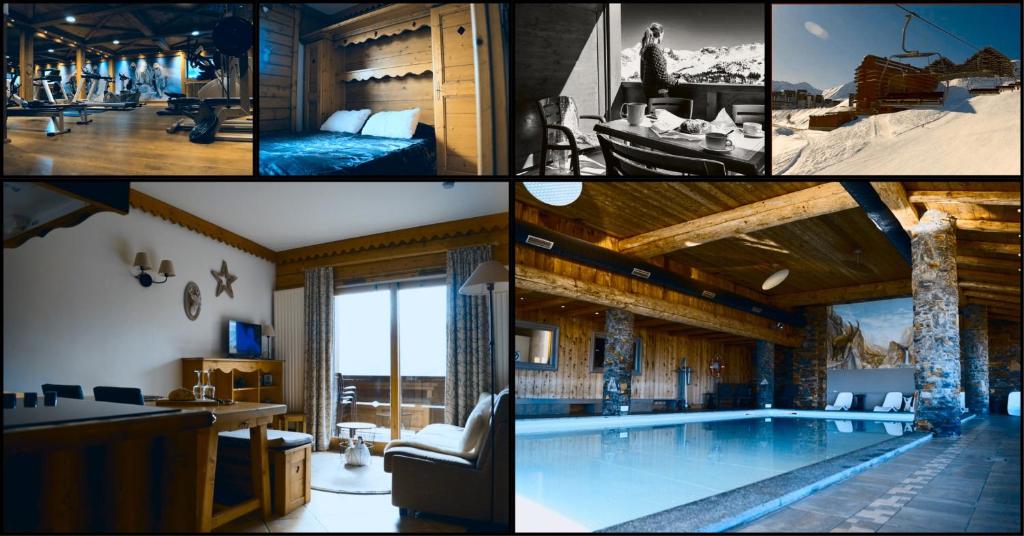 エム・ラ・プラーニュにあるMyplagne les hauts boisのスイミングプール付きのホテルルームの写真コラージュ