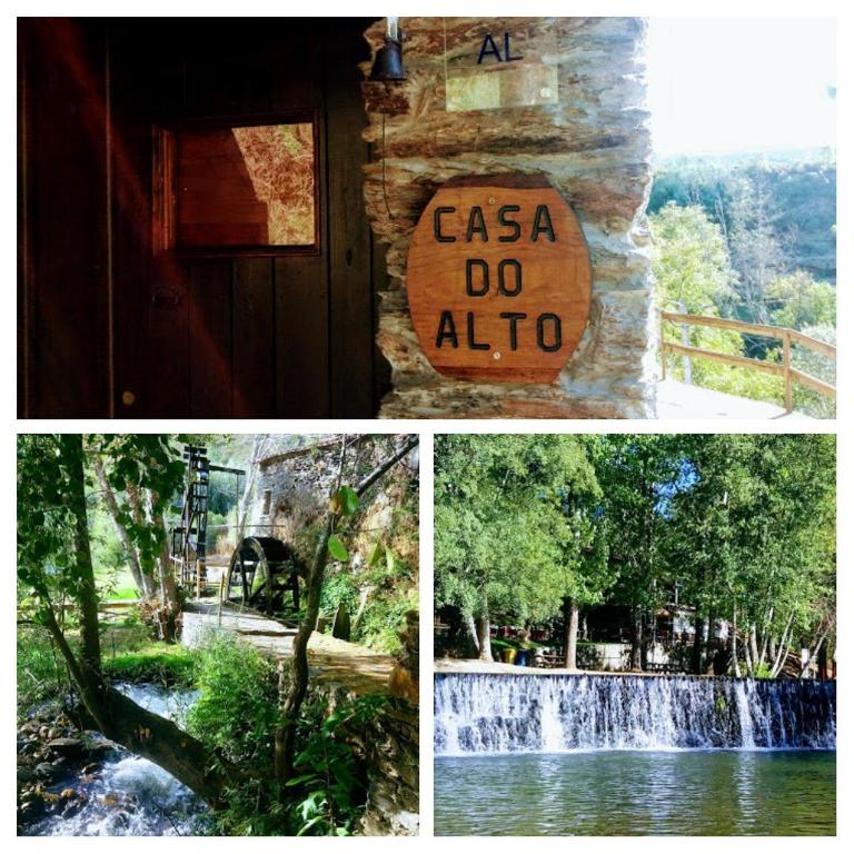 a collage of pictures of a waterfall and a sign at Casa do Alto in Penacova