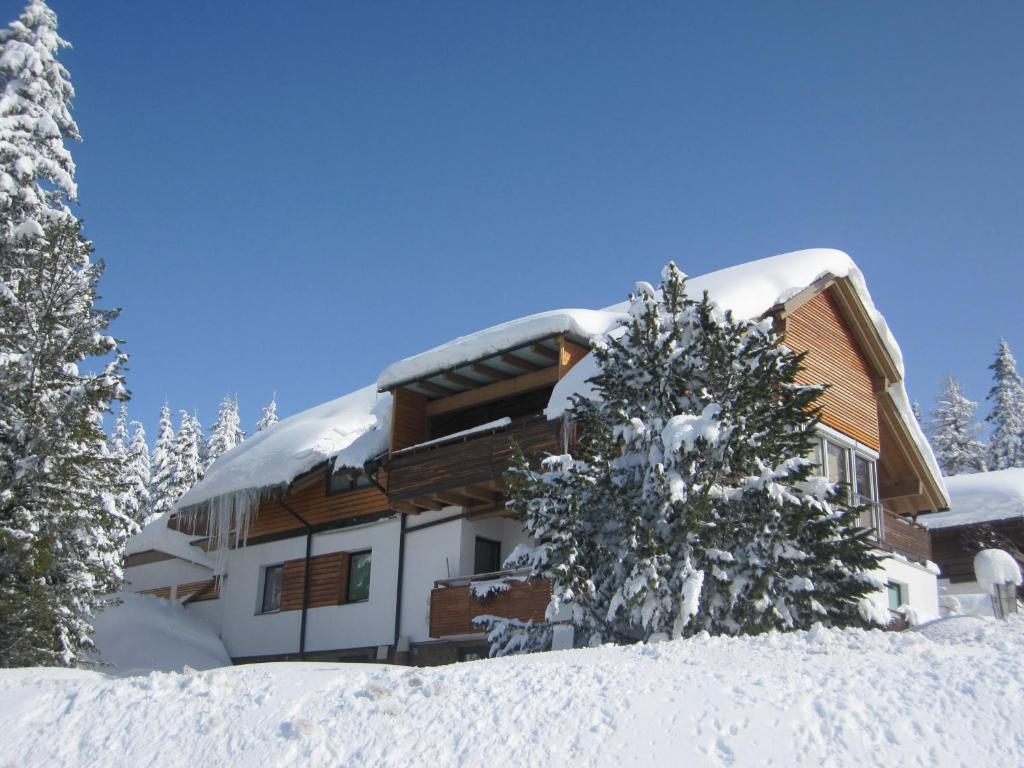 ein schneebedecktes Haus mit einem Baum in der Unterkunft Das Penthaus Katschberg in Katschberghöhe