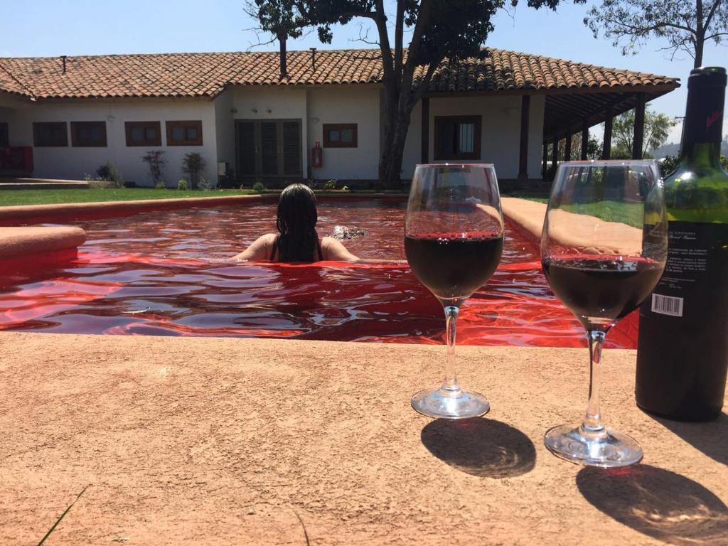 dos copas de vino sentadas junto a una piscina en Hotel Boutique BC Wine Casablanca, en Casablanca