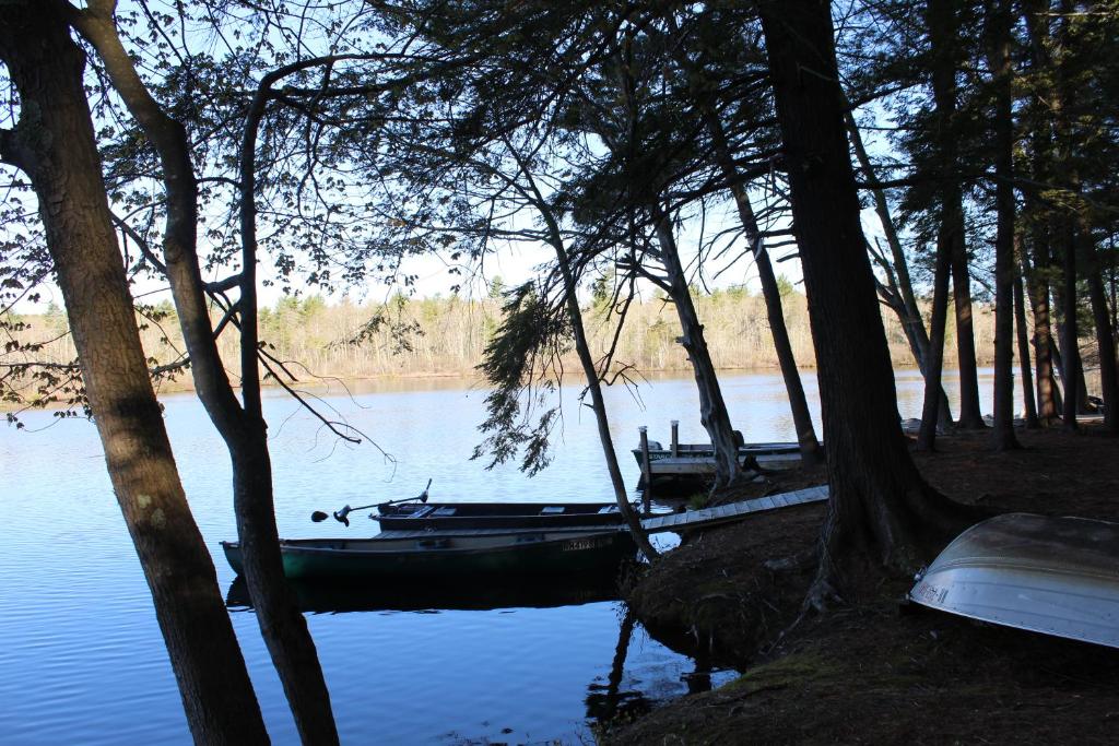 a boat is docked on a lake with trees at Tuxbury Pond Camping Resort Tiny House Henry in South Hampton