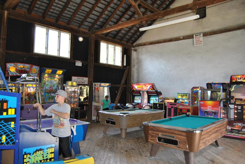 - un homme debout dans une salle de jeux avec des billards dans l'établissement Robin Hill Camping Resort Premium Cottage 9, à Lenhartsville