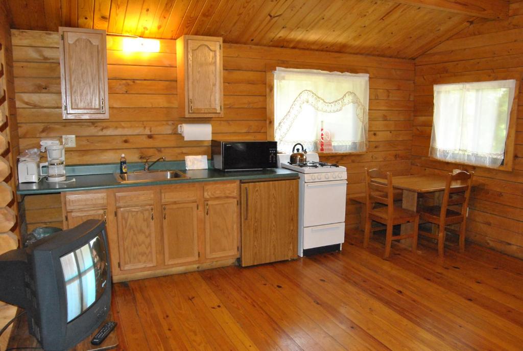 TV y cocina con fogones y fregadero. en Robin Hill Camping Resort One-Bedroom Cottage 8, en Lenhartsville