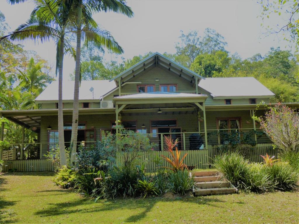 a house with a palm tree in front of it at Magnolia Cottage in Cooroy
