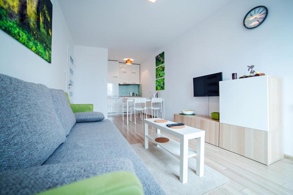 ein Wohnzimmer mit einem Sofa und einem Tisch in der Unterkunft Apartament Mięta in Karpacz