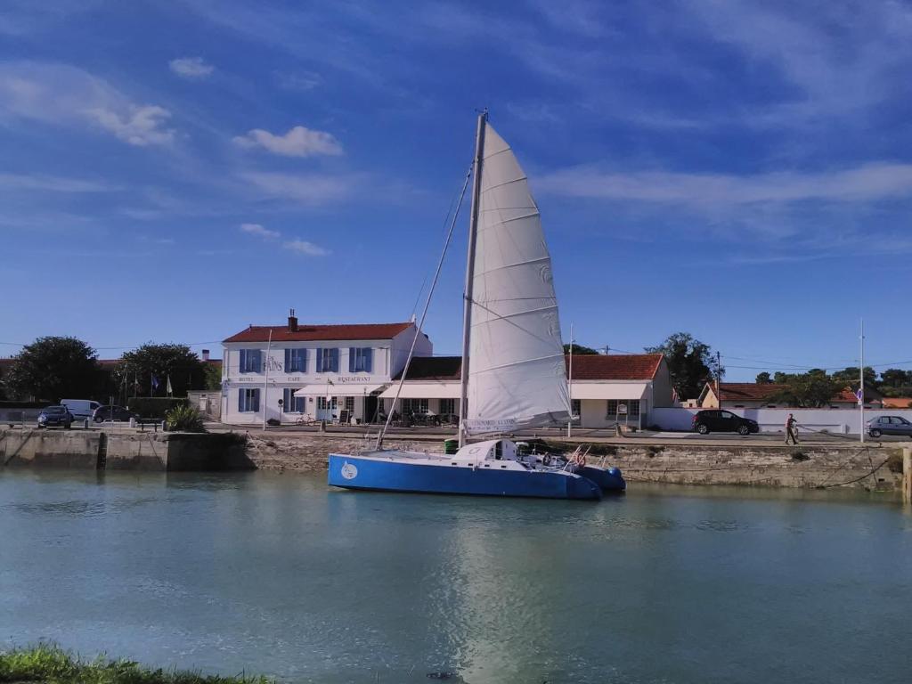 a sail boat in the water in front of a house at Les Bains Boyardville - Hôtel et Restaurant in Boyard-Ville