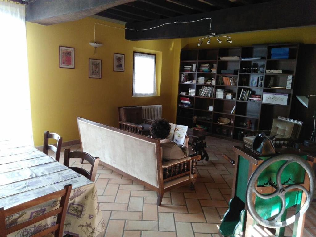 a living room with a couch and bookshelves at Agriturismo Aggazzotti in Colombaro