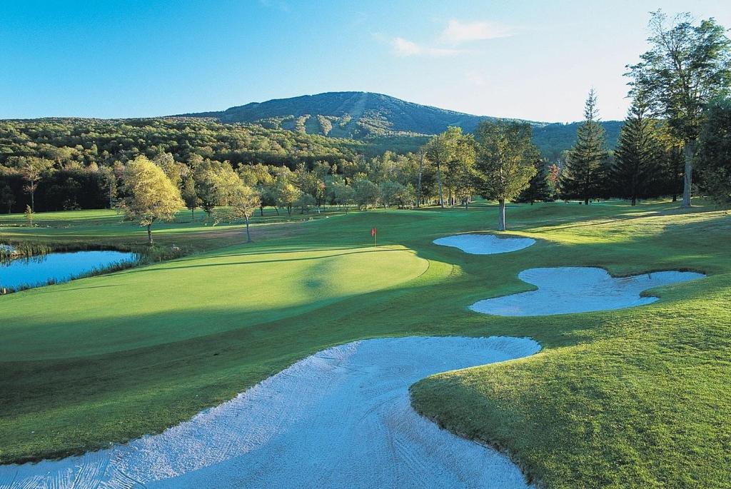 an aerial view of a golf course with a river at The Black Bear Lodge at Stratton Mountain Resort in Stratton Mountain