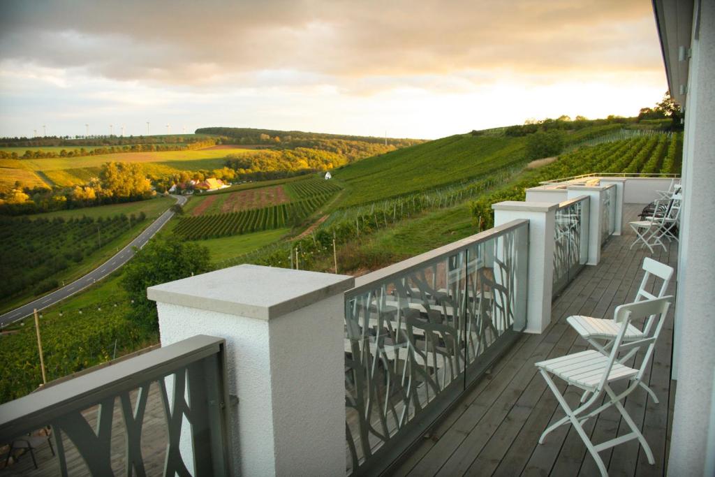 einen Balkon mit Stühlen und Blick auf einen Weinberg in der Unterkunft Winzerhotel Trautwein in Flonheim
