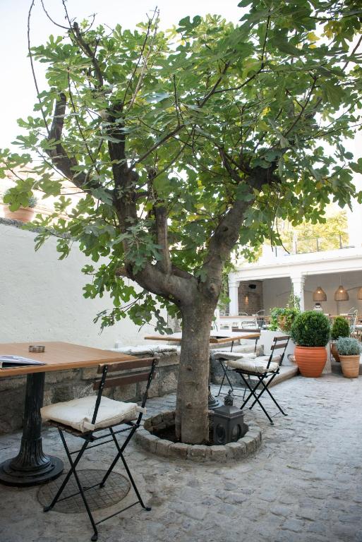 a table and chairs around a tree in a courtyard at Smokvica Dorćol B&B in Belgrade