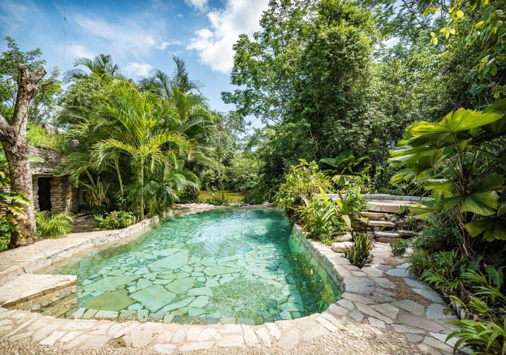 a pool in the middle of a garden with trees at Hotel Boutique Quinta Chanabnal in Palenque