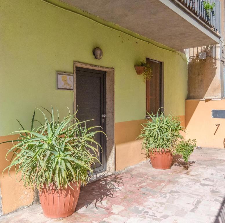 a green house with two potted plants in front of it at Casa Vacanza Il Leonpardo in Tuscania