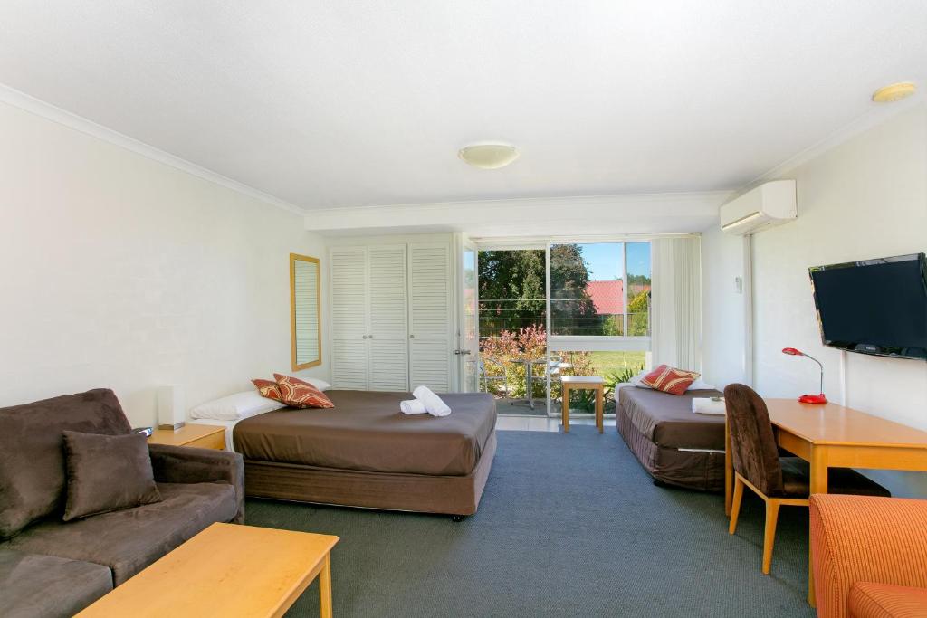 a living room with a couch and a bed and a tv at Alloggio Bathurst in Bathurst