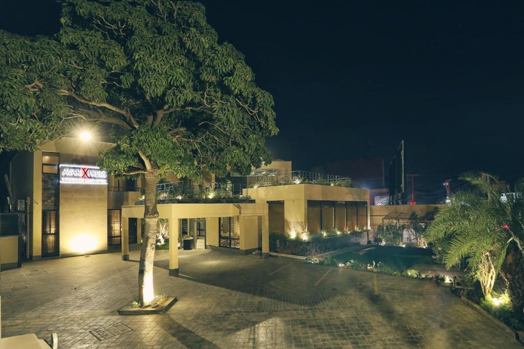 木爾坦的住宿－Avari Boutique Multan，夜晚在建筑物前的树