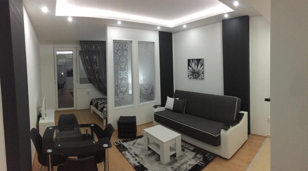 Apartman Jezdić في بانيا كوفيلياتشا: غرفة معيشة مع أريكة وطاولة