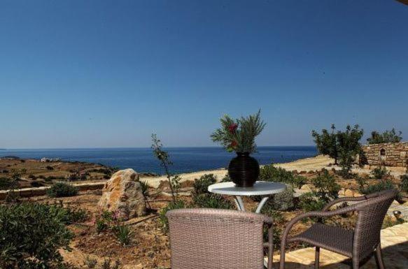 einen Tisch, zwei Stühle und eine Vase auf dem Tisch in der Unterkunft Triopetra Notos Hotel in Triopetra