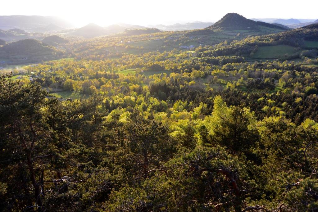 Elle offre une vue sur une vallée avec des arbres et des montagnes. dans l'établissement Aux Pays Des Sucs, à Saint-Hostien