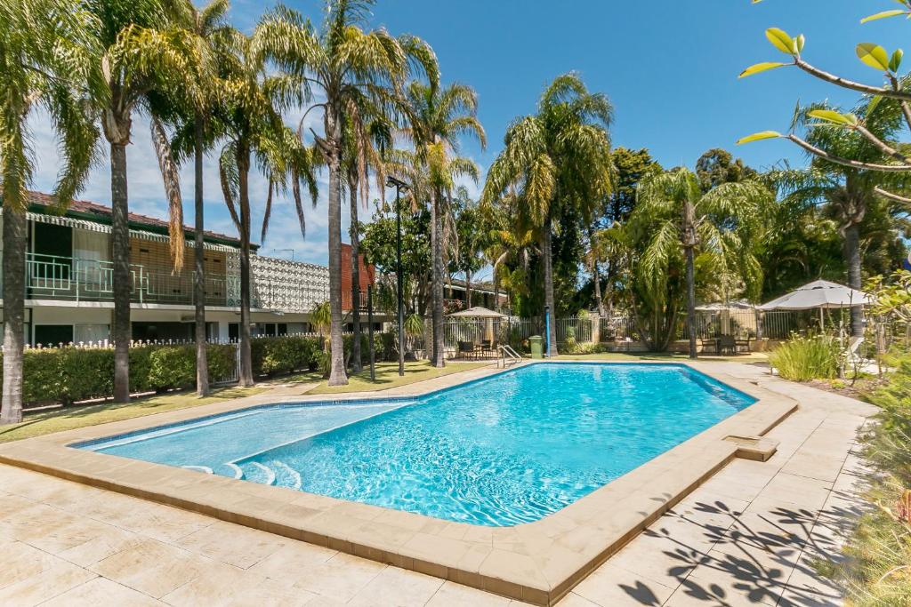 a swimming pool with palm trees in front of a building at Flag Motor Lodge in Perth