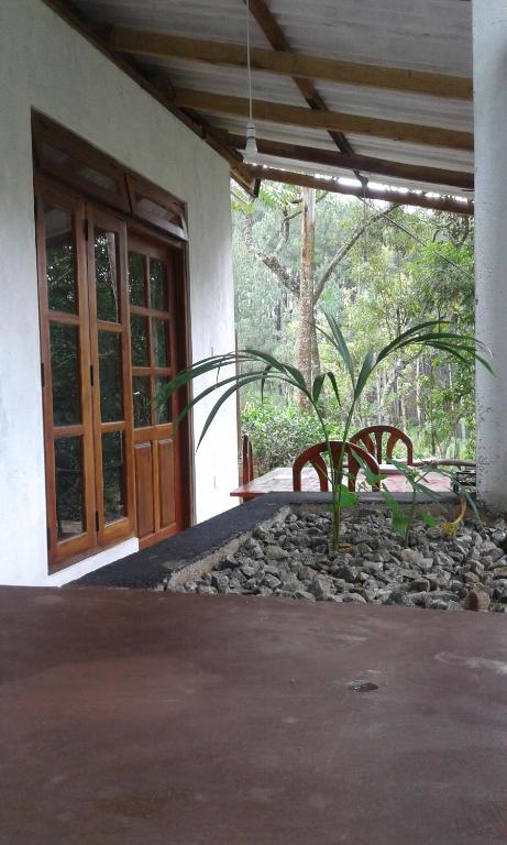 a patio with a bench and a door and a plant at Mountain nest in Ella