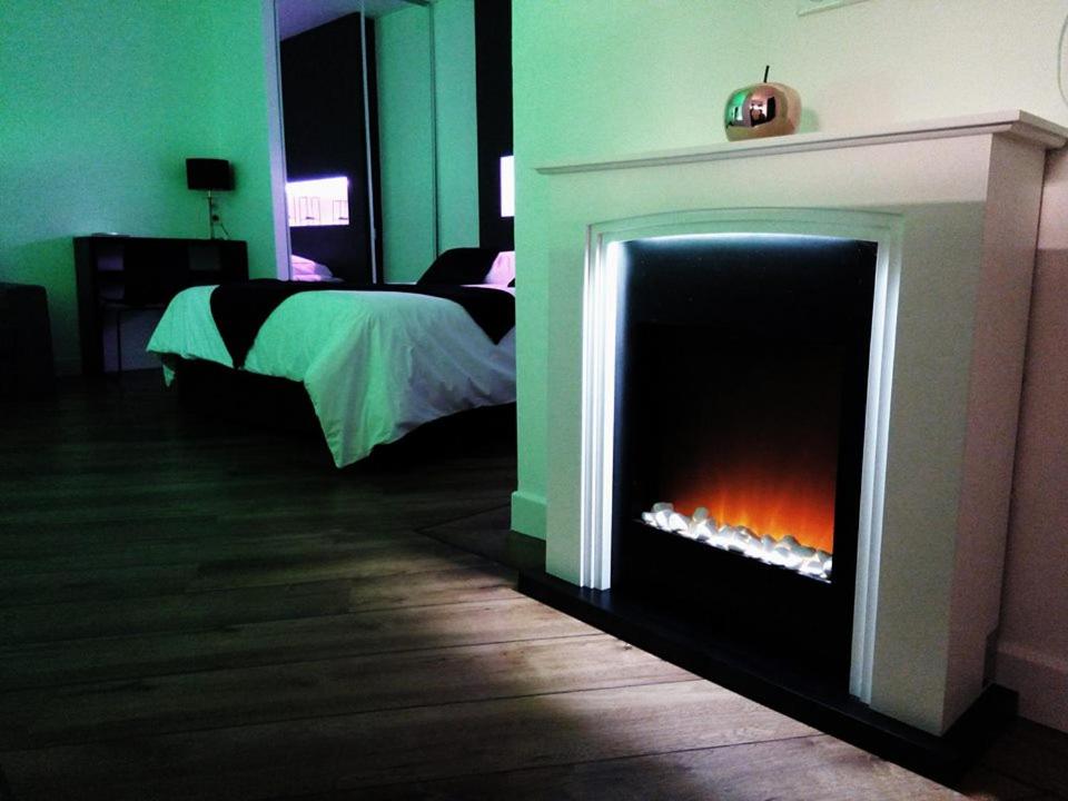 a bedroom with a fireplace with a bed in the background at La Pause Romantique in Dole