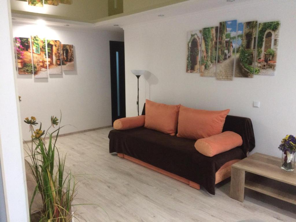 eine Couch in einem Wohnzimmer mit Gemälden an der Wand in der Unterkunft Apartment on Pyrohova 25 in Winnyzja