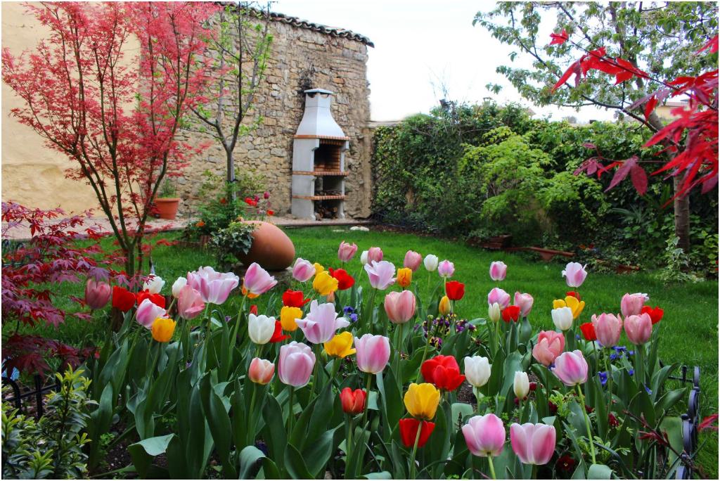 - un jardin avec des tulipes colorés en face d'un bâtiment dans l'établissement Casa Rural Xixa Landetxea, à Miranda de Arga