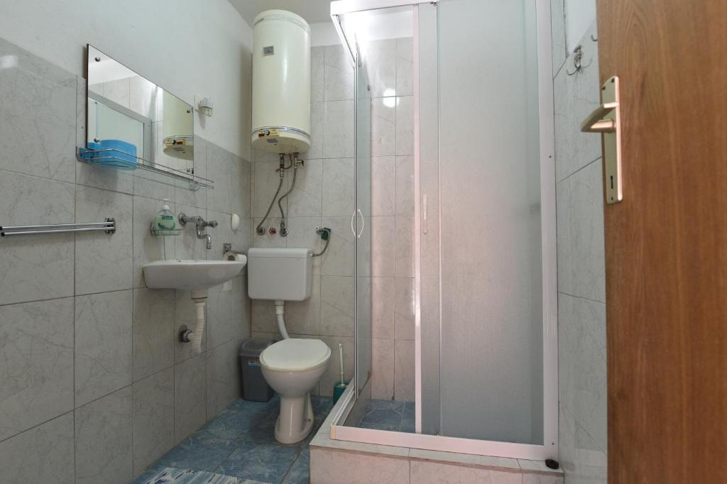 a bathroom with a shower and a toilet and a sink at Apartmani Marko in Gdinj