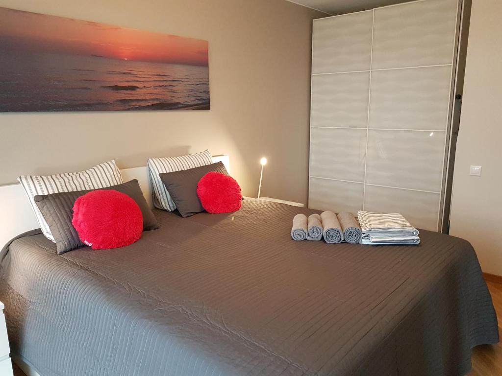 sypialnia z łóżkiem z 2 czerwonymi poduszkami w obiekcie Jūros akmenėlio apartamentai Elija w mieście Święta
