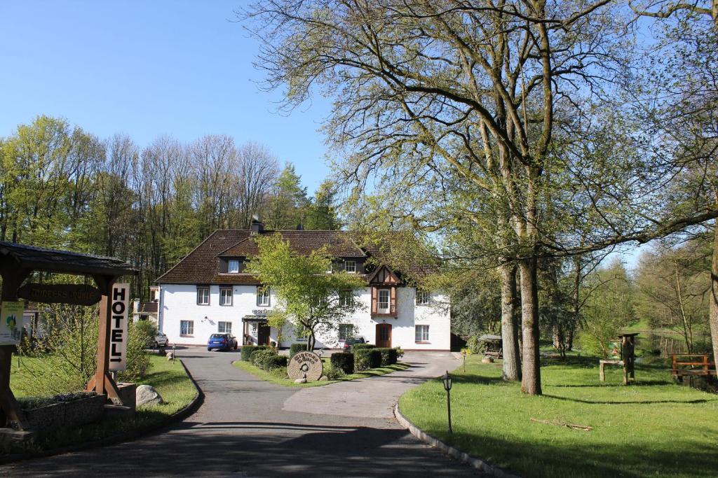 a white house on a street with a tree at Hotel Wintersmühle in Bielefeld