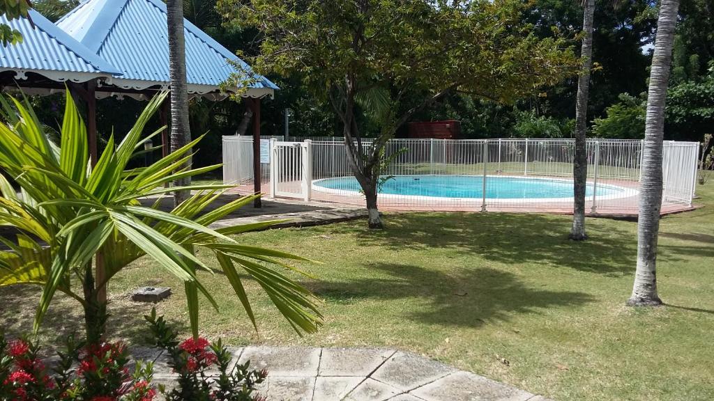 una piscina en un patio con árboles y una valla en Studio Résidence Tobago, en Sainte-Anne