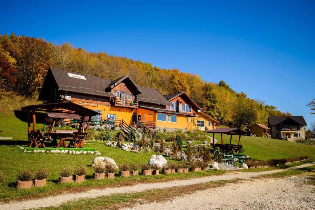 ein großes Haus auf einem Hügel in der Unterkunft Dumbrava Ursului in Zărneşti