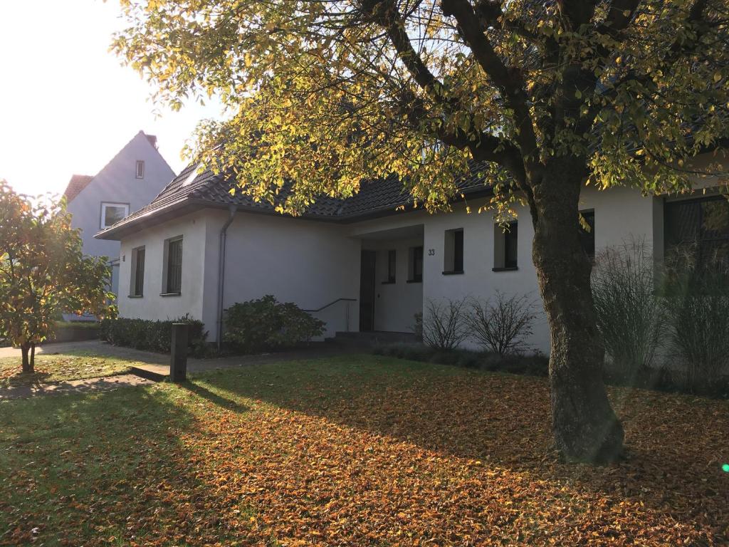 una casa blanca con un árbol en el patio en FeWo Rheine Stadtzentral, en Rheine