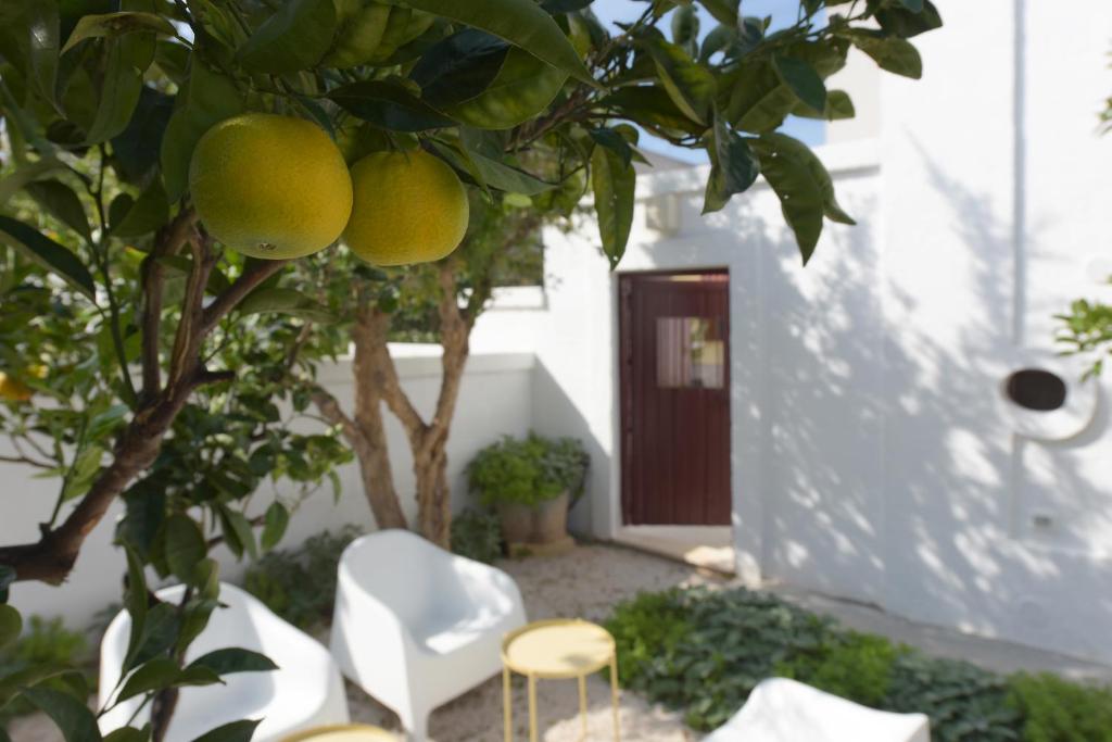 a lemon tree with two chairs and a door at Corte dei melograni-Suite familiare-zona Ostuni in Montalbano