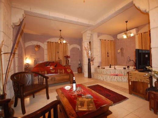 a large room with a bed and a bath tub at Michal's Suites in Sha'al
