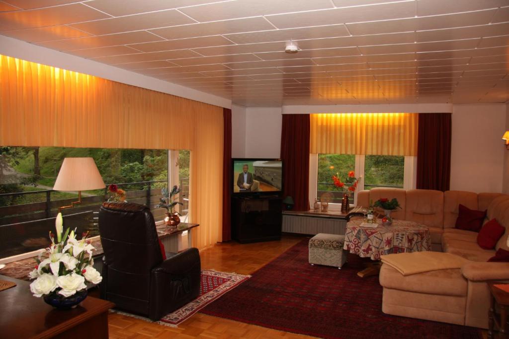 ein Wohnzimmer mit einem Sofa und einem Tisch in der Unterkunft Kurpark Domizil in Altenau