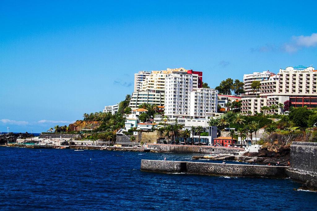 vistas a una ciudad con edificios altos y al agua en Apartamentos do mar, en Funchal