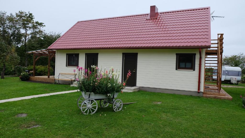 Una pequeña casa blanca con una carretilla con flores. en Tahula Puhkemaja, en Tahula