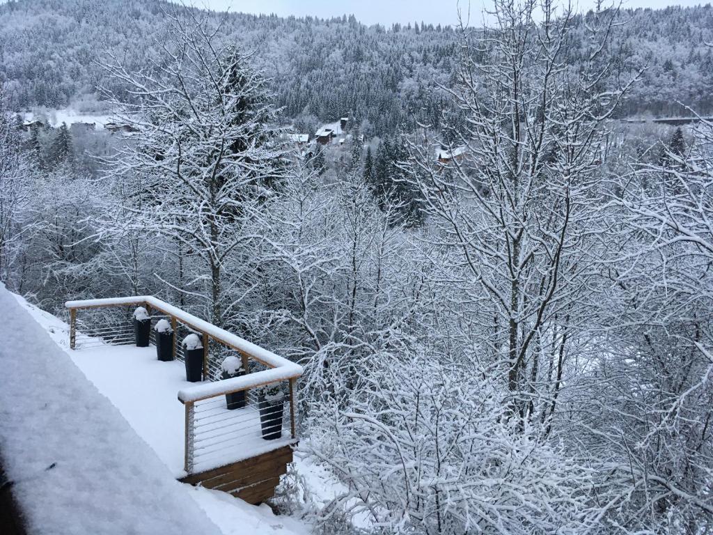 een uitzicht op een met sneeuw bedekt bos met bomen bij Chalet Chamois in Morzine