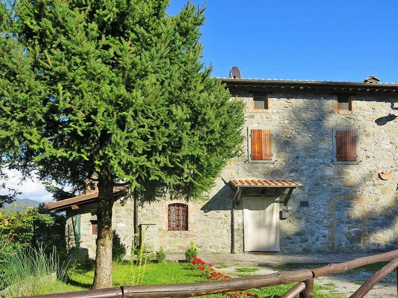 un edificio de piedra con un árbol delante de él en La casa del girasole en Piazza al Serchio