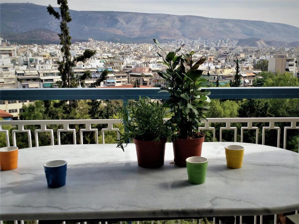 a table with potted plants on top of a balcony at Park at Home Apartment in Athens