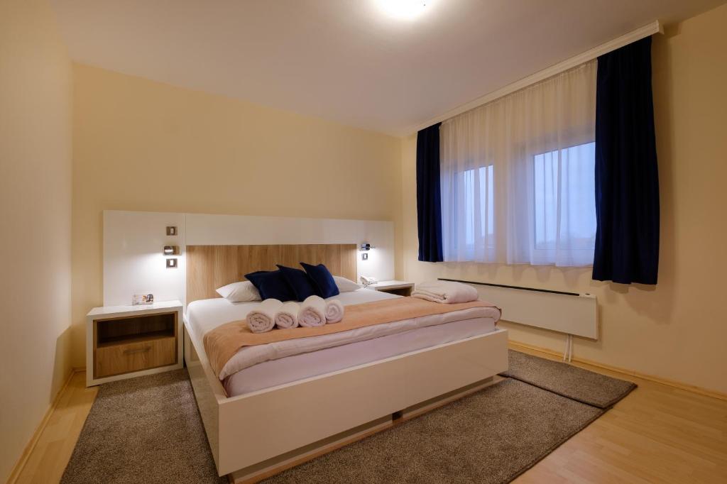a bedroom with a large bed and a large window at Airport Hotel Garni in Belgrade