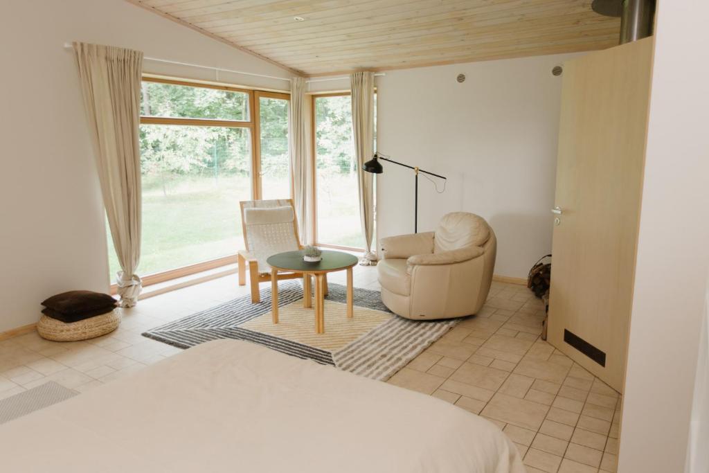 ein Schlafzimmer mit einem Bett, einem Stuhl und einem Tisch in der Unterkunft Buļļi in Riga